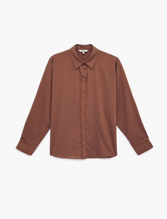  Viskon Uzun Kollu Klasik Yaka Düğmeli Çizgili Oversize Gömlek