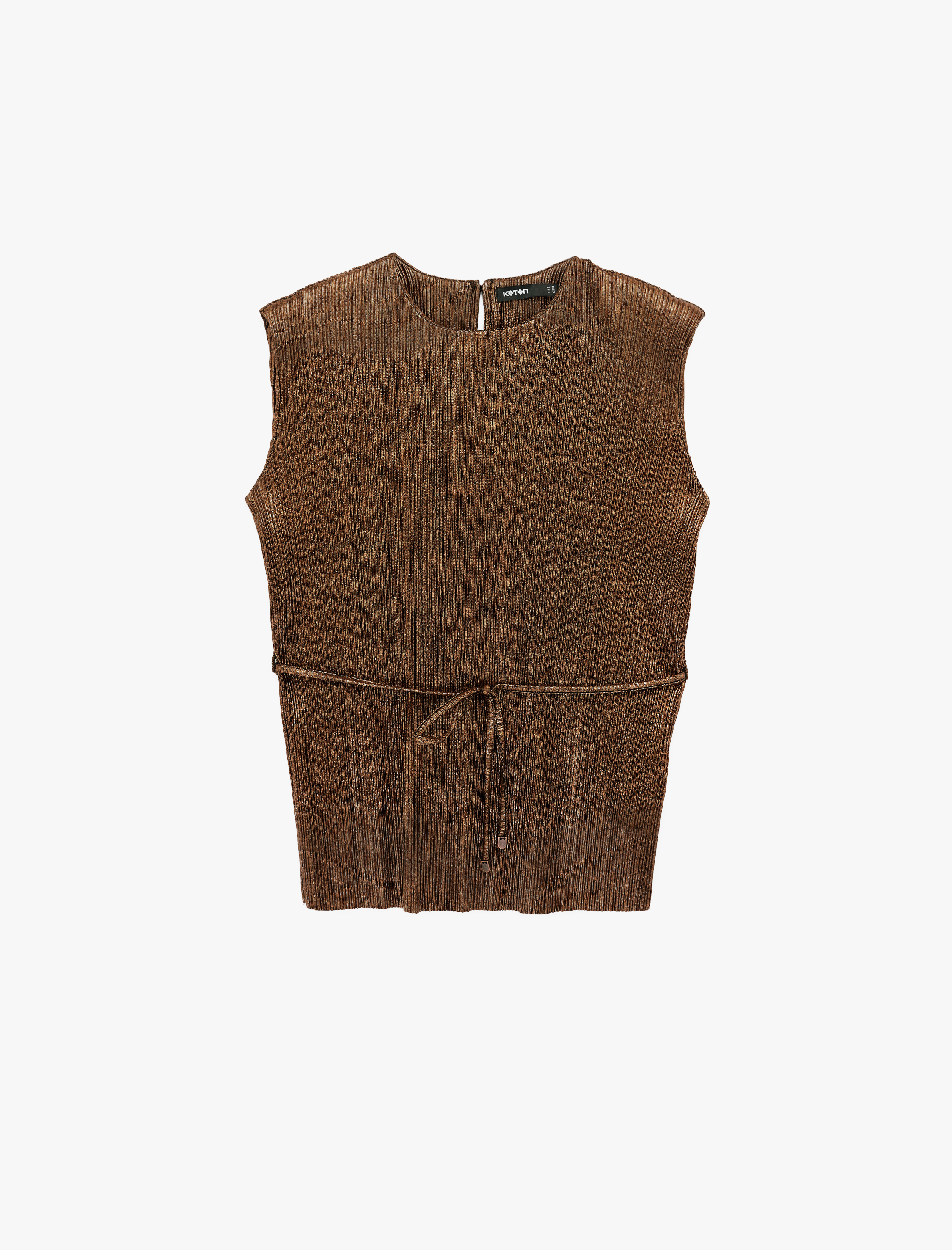   Kemerli Bisiklet Yaka Vatkalı Kolsuz Saten Piliseli Bluz