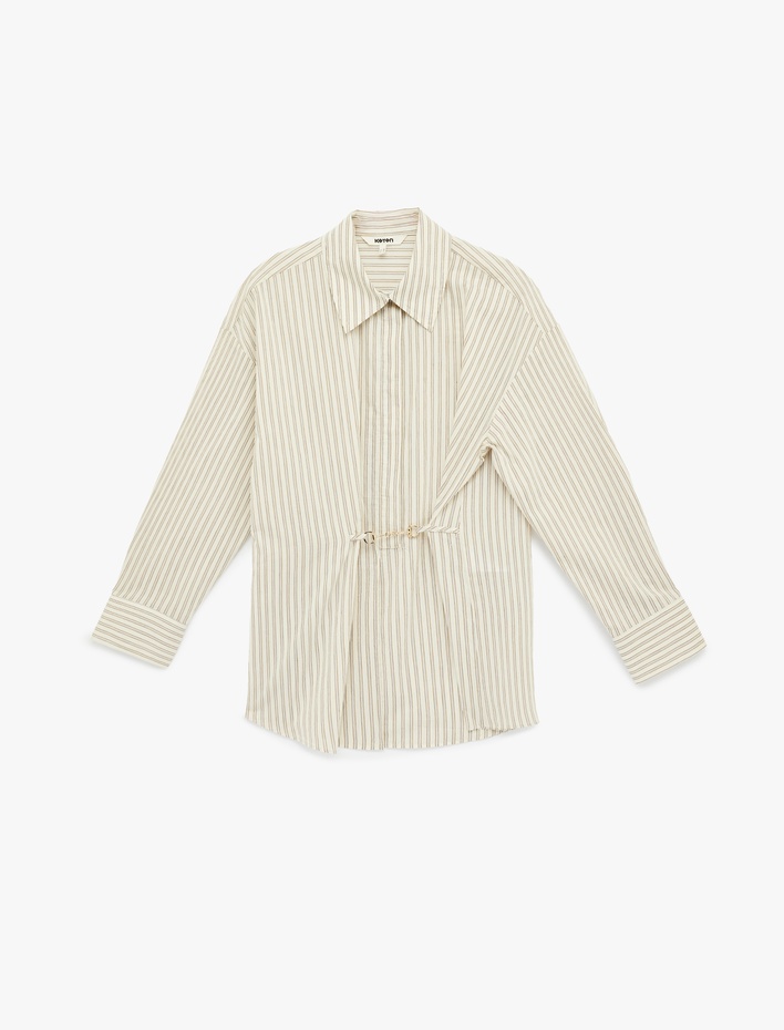  Metal Aksesuarlı Pamuklu Uzun Kollu Çizgili Gömlek