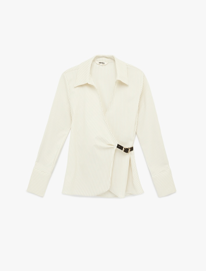  Yarım Kemer Detaylı Uzun Kollu Kruvaze Çizgili Gömlek