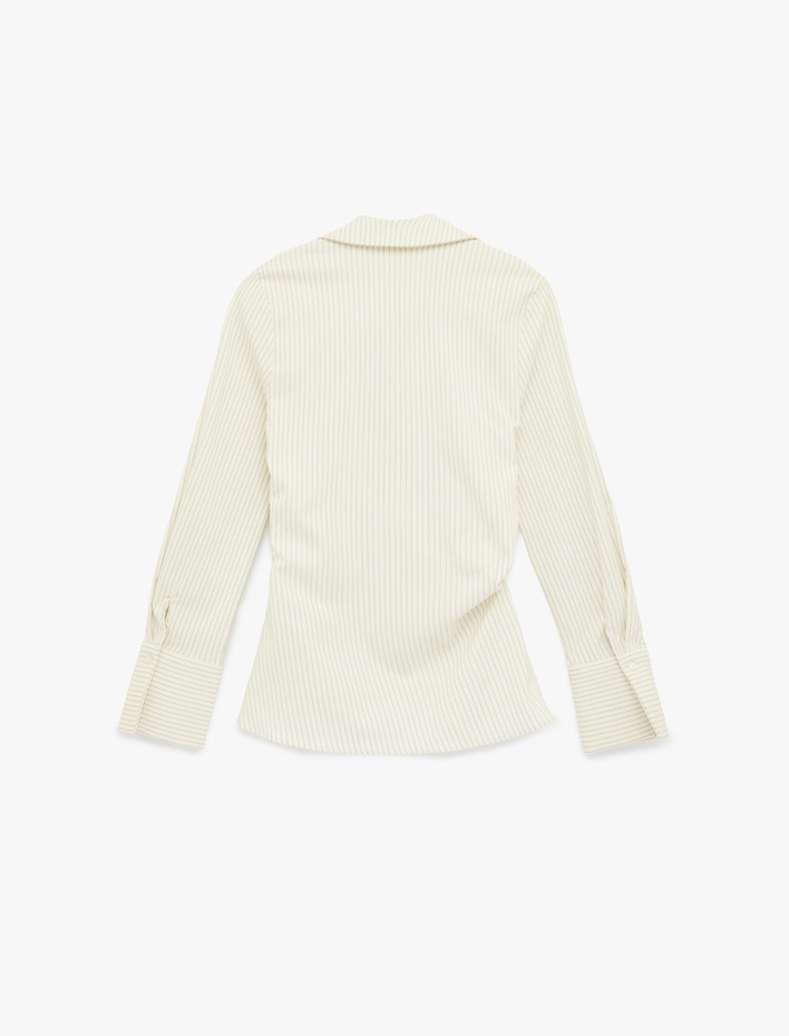  Yarım Kemer Detaylı Uzun Kollu Kruvaze Çizgili Gömlek