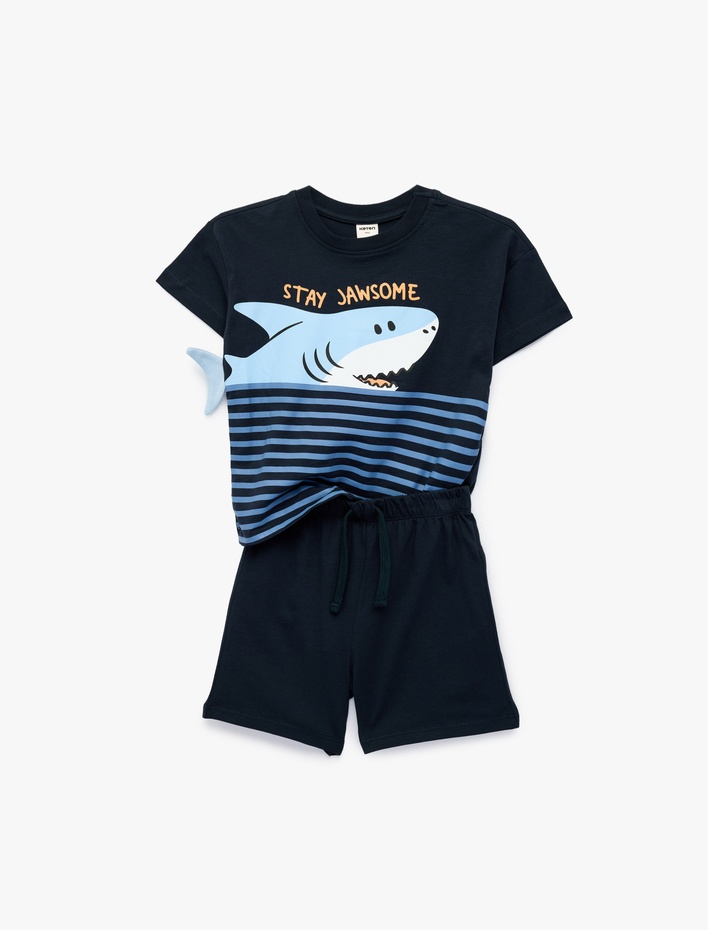 Erkek Bebek Pamuklu Aplikeli Köpekbalığı Baskılı 2'li Tişört ve Şort Seti