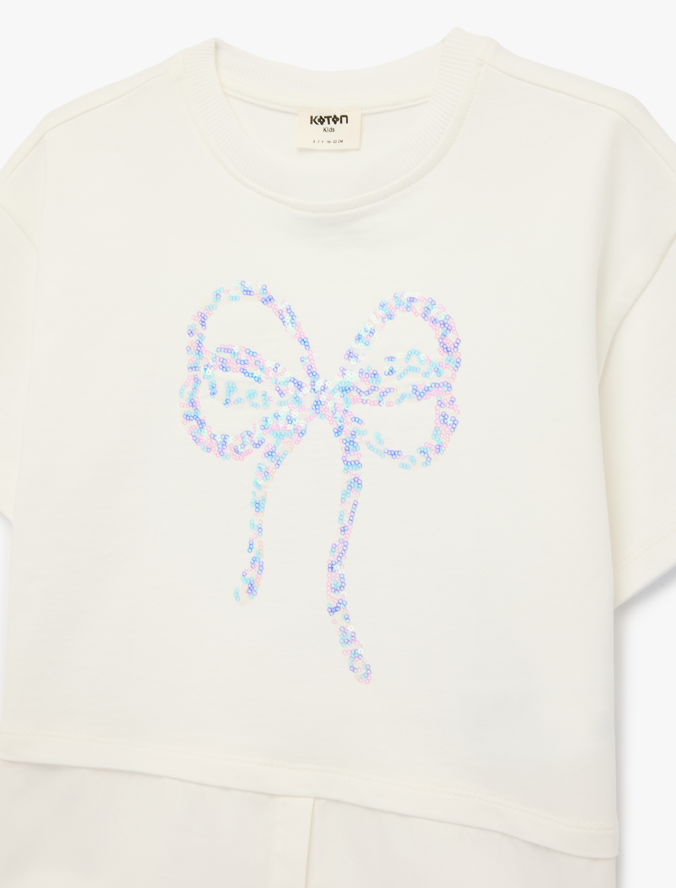  Kız Çocuk Pullu Payetli Fiyonk Baskılı Bisiklet Yaka Kısa Kollu Pamuklu Tişört