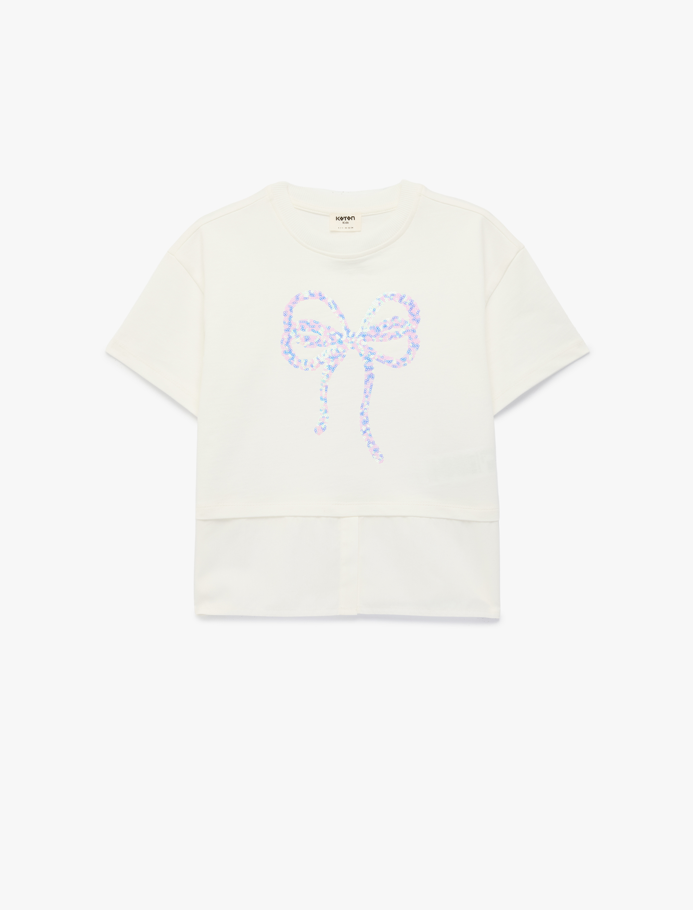  Kız Çocuk Pullu Payetli Fiyonk Baskılı Bisiklet Yaka Kısa Kollu Pamuklu Tişört