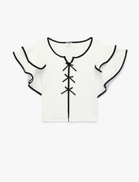 Fiyonk Detaylı Kısa Kollu V Yaka Bluz