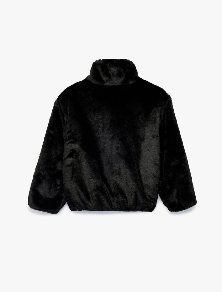 Kız Çocuk Cep Detaylı Dik Yaka Uzun Kollu Suni Kürklü Ceket