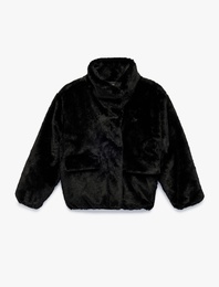 Cep Detaylı Dik Yaka Uzun Kollu Suni Kürklü Ceket