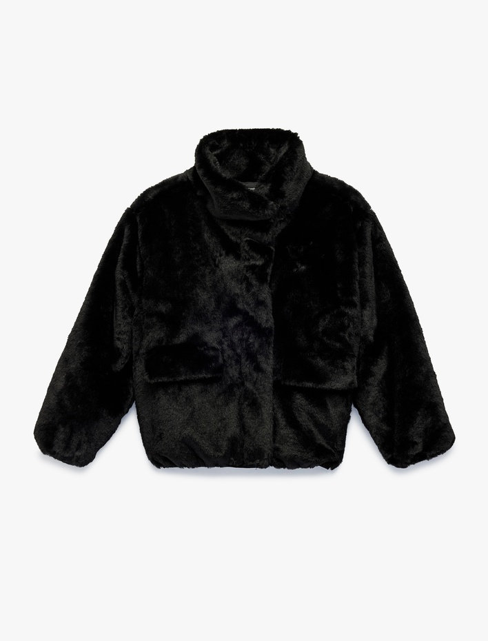 Kız Çocuk Cep Detaylı Dik Yaka Uzun Kollu Suni Kürklü Ceket