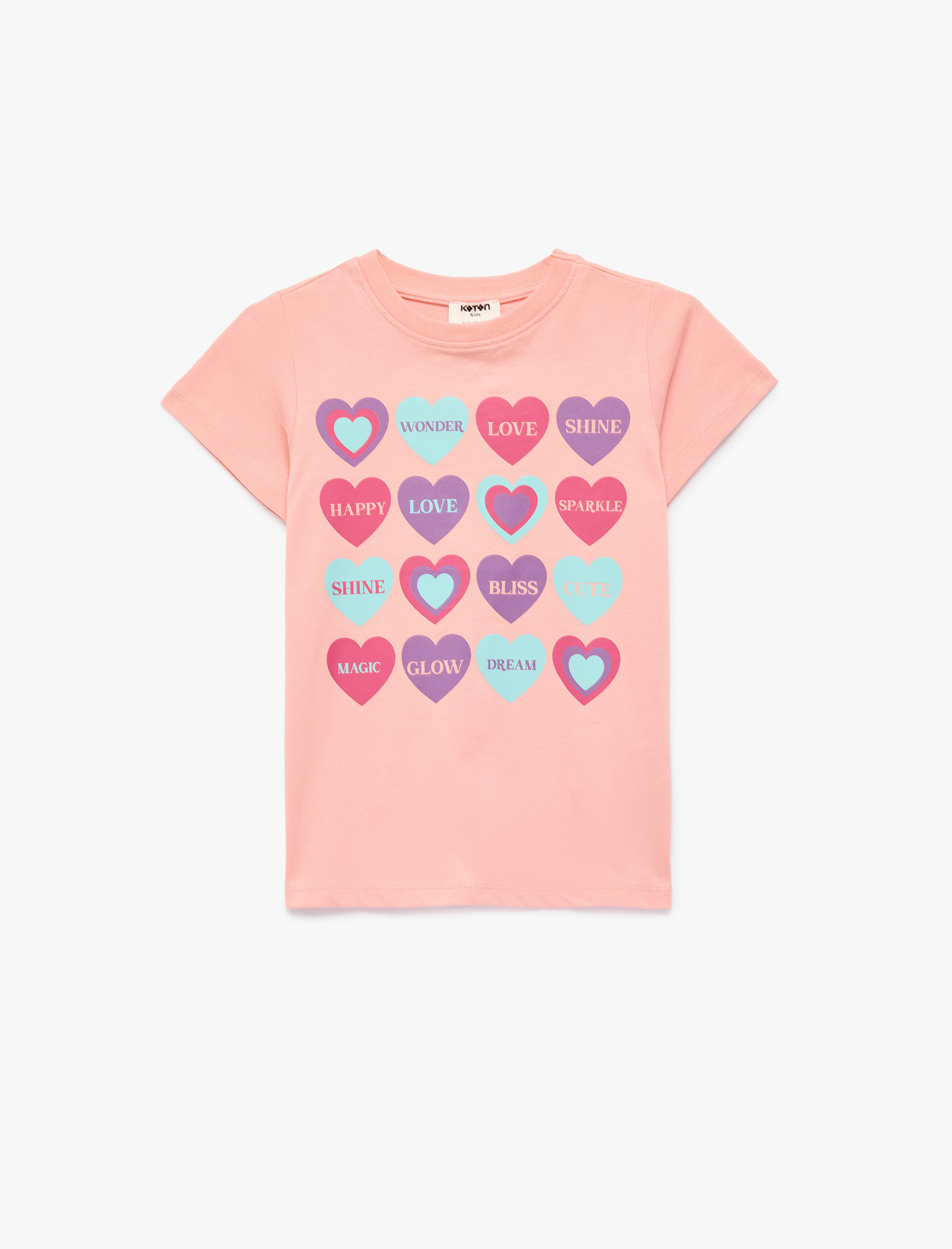  Kız Çocuk Pamuklu Kısa Kollu Bisiklet Yaka Kalp Baskılı Tişört