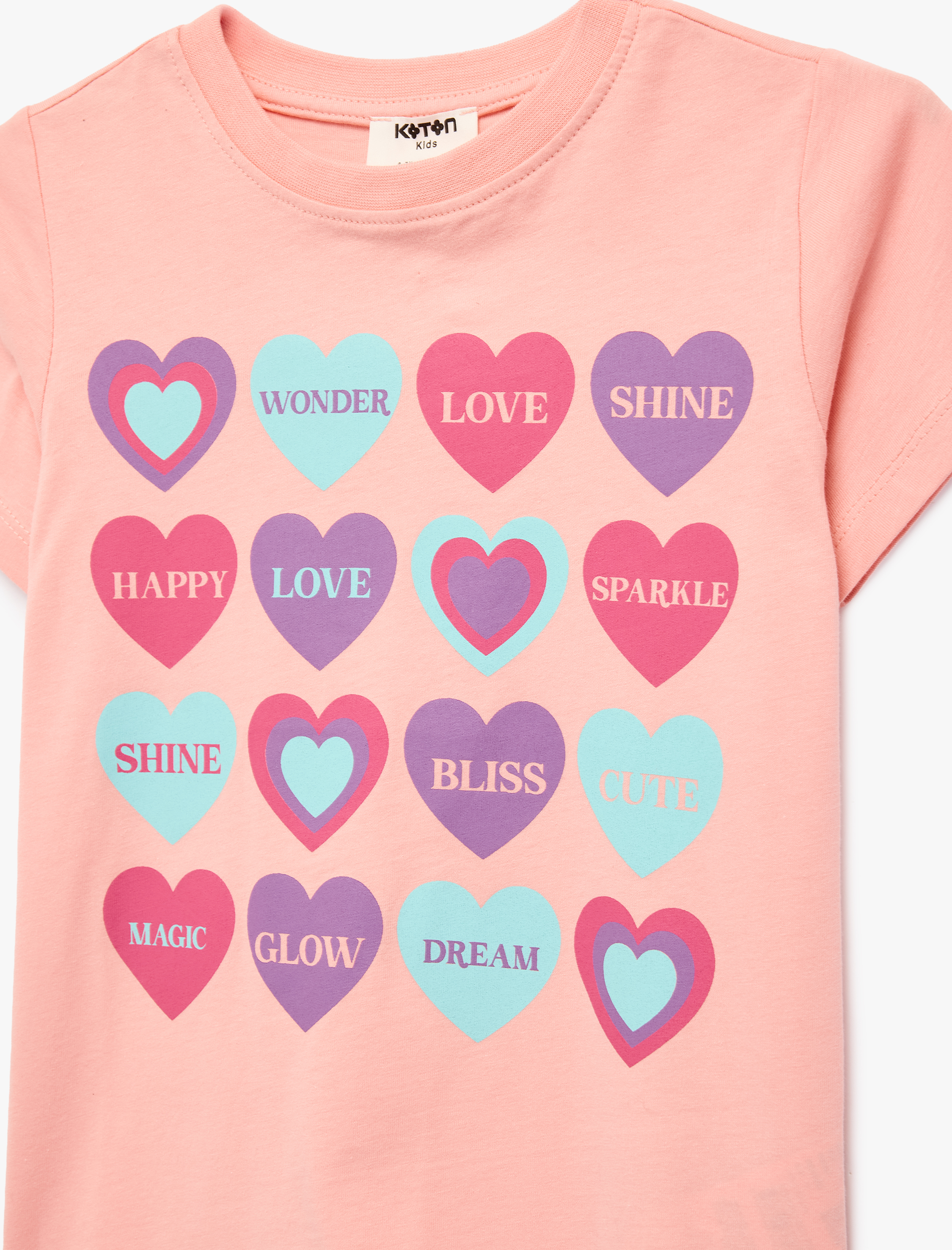  Kız Çocuk Pamuklu Kısa Kollu Bisiklet Yaka Kalp Baskılı Tişört