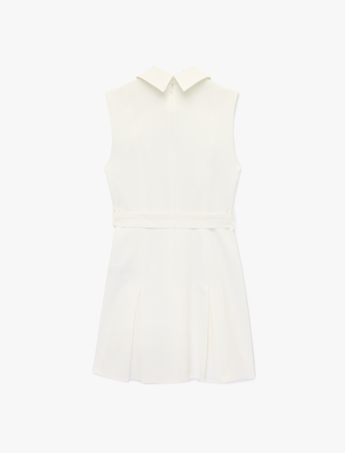  Düğmeli A Kesim Kolsuz Pileli Mini Gömlek Elbise