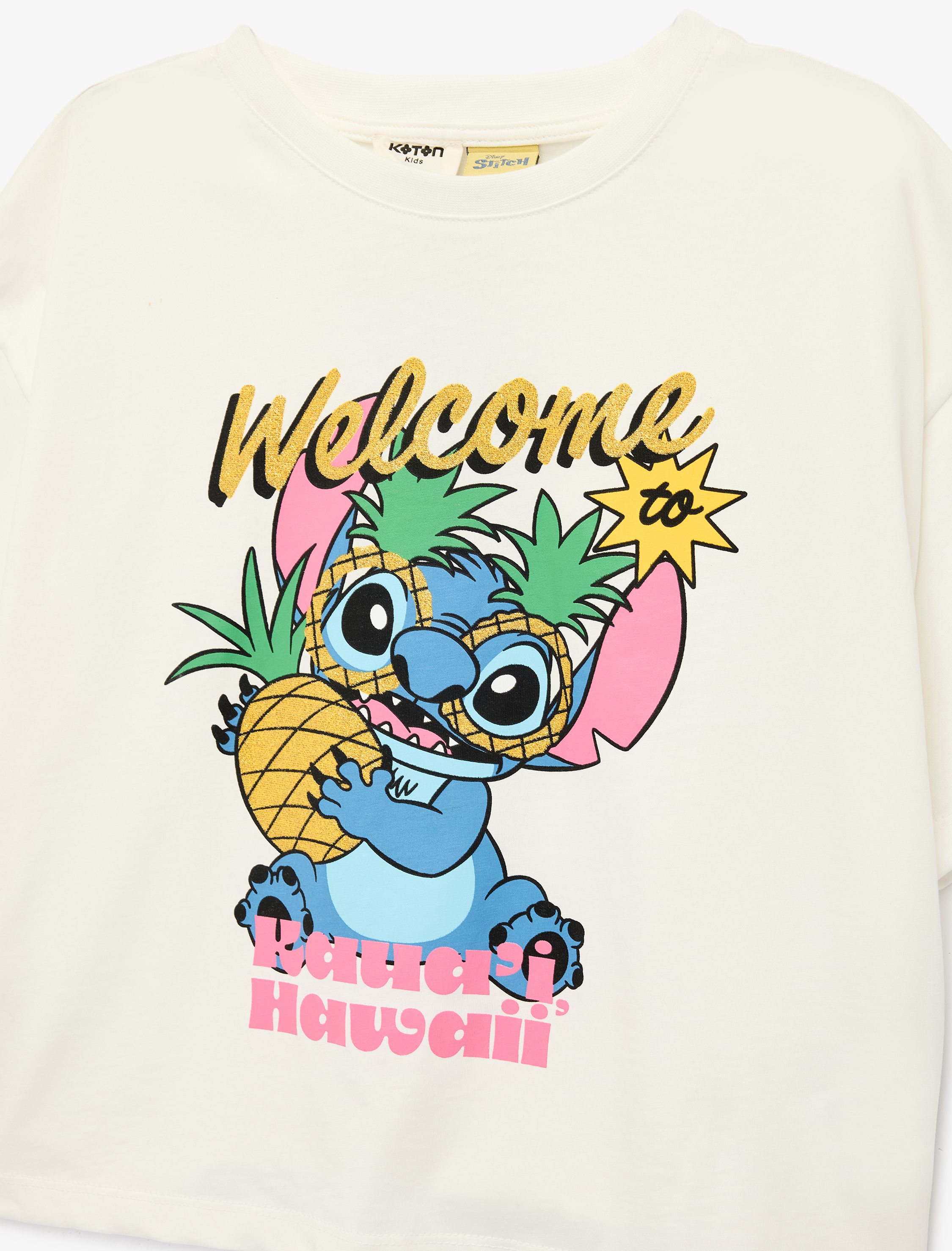  Kız Çocuk Stitch Baskılı Kısa Kollu Bisiklet Yaka Pamuklu Lisanslı Tişört