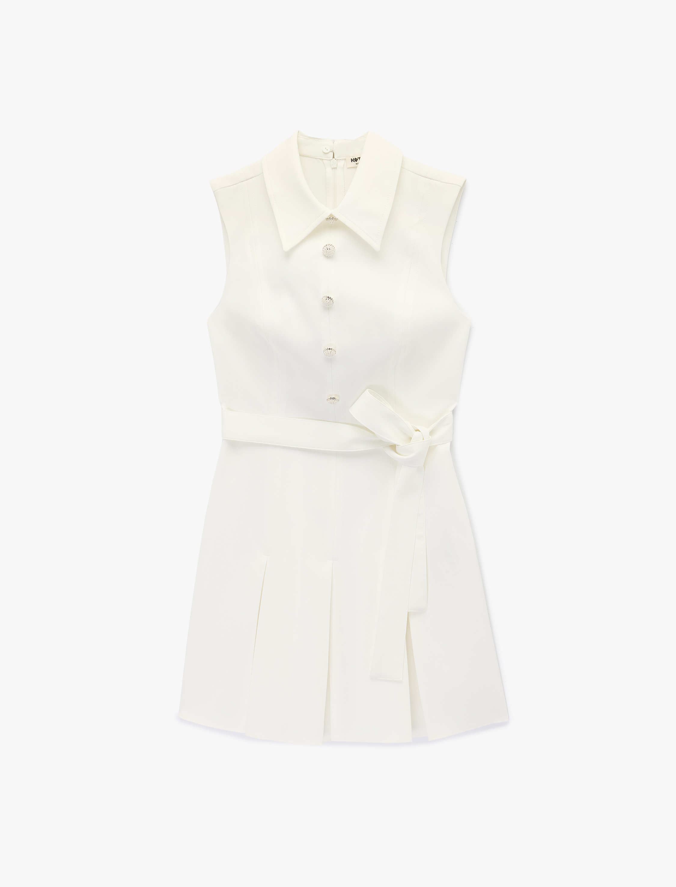   Düğmeli A Kesim Kolsuz Pileli Mini Gömlek Elbise