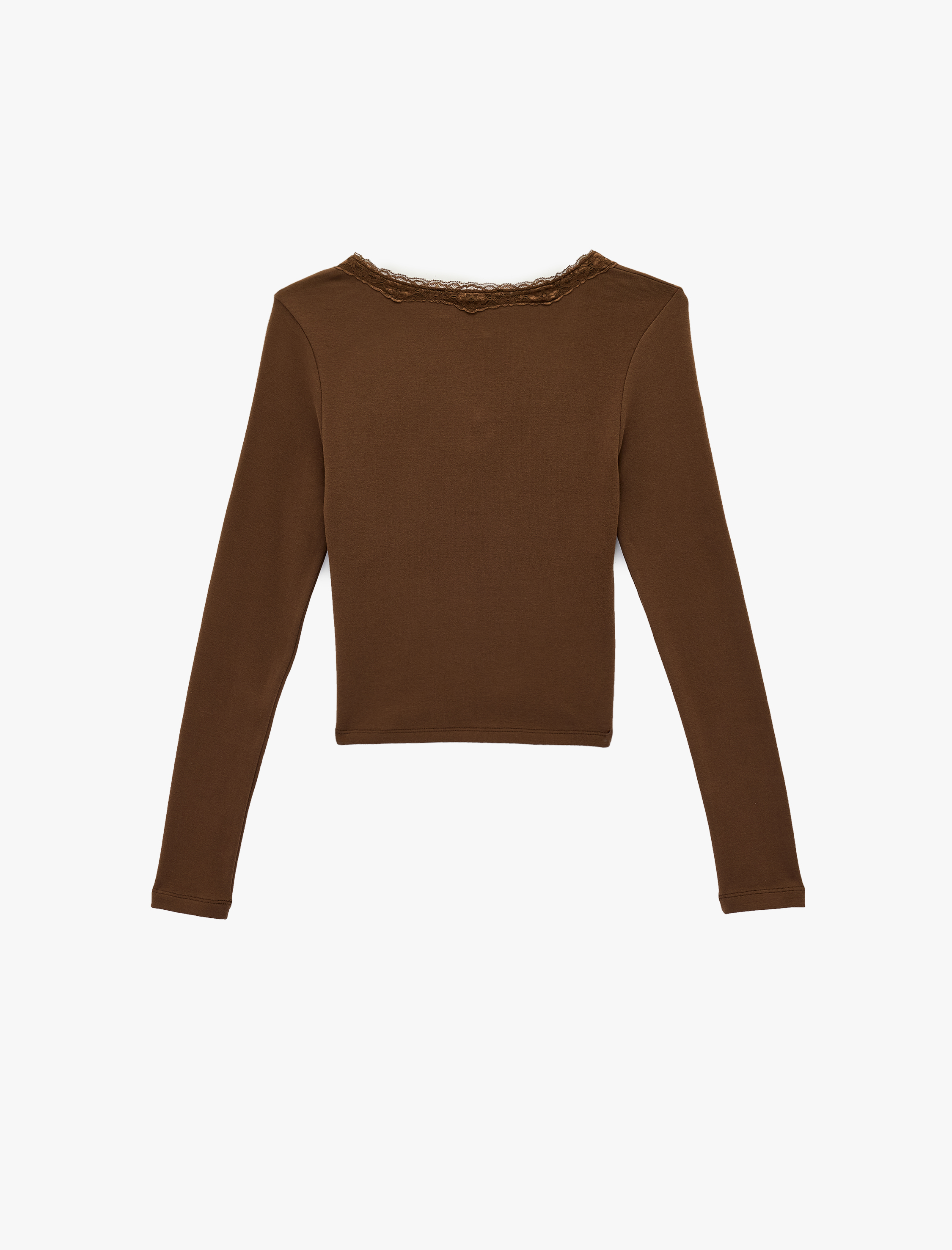   Dantel Detaylı Bağlamalı V Yaka Slim Fit Pamuklu Uzun Kollu Tişört