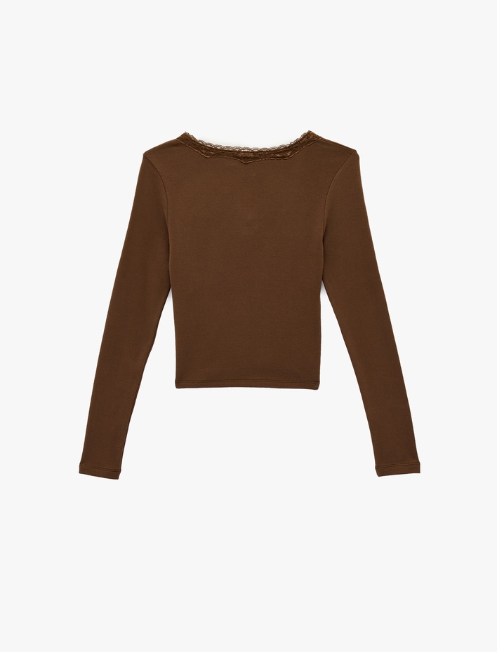  Dantel Detaylı Bağlamalı V Yaka Slim Fit Pamuklu Uzun Kollu Tişört