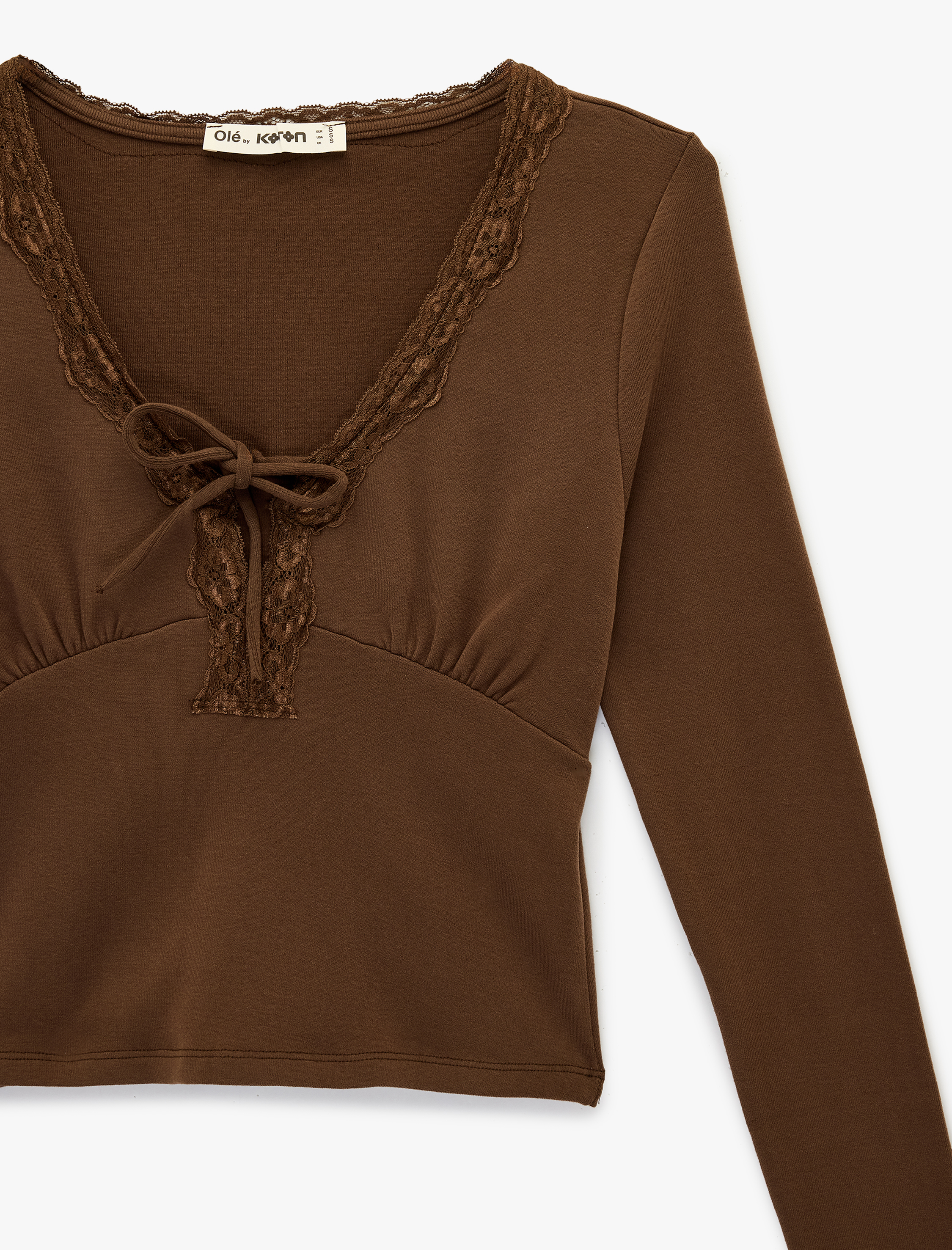   Dantel Detaylı Bağlamalı V Yaka Slim Fit Pamuklu Uzun Kollu Tişört