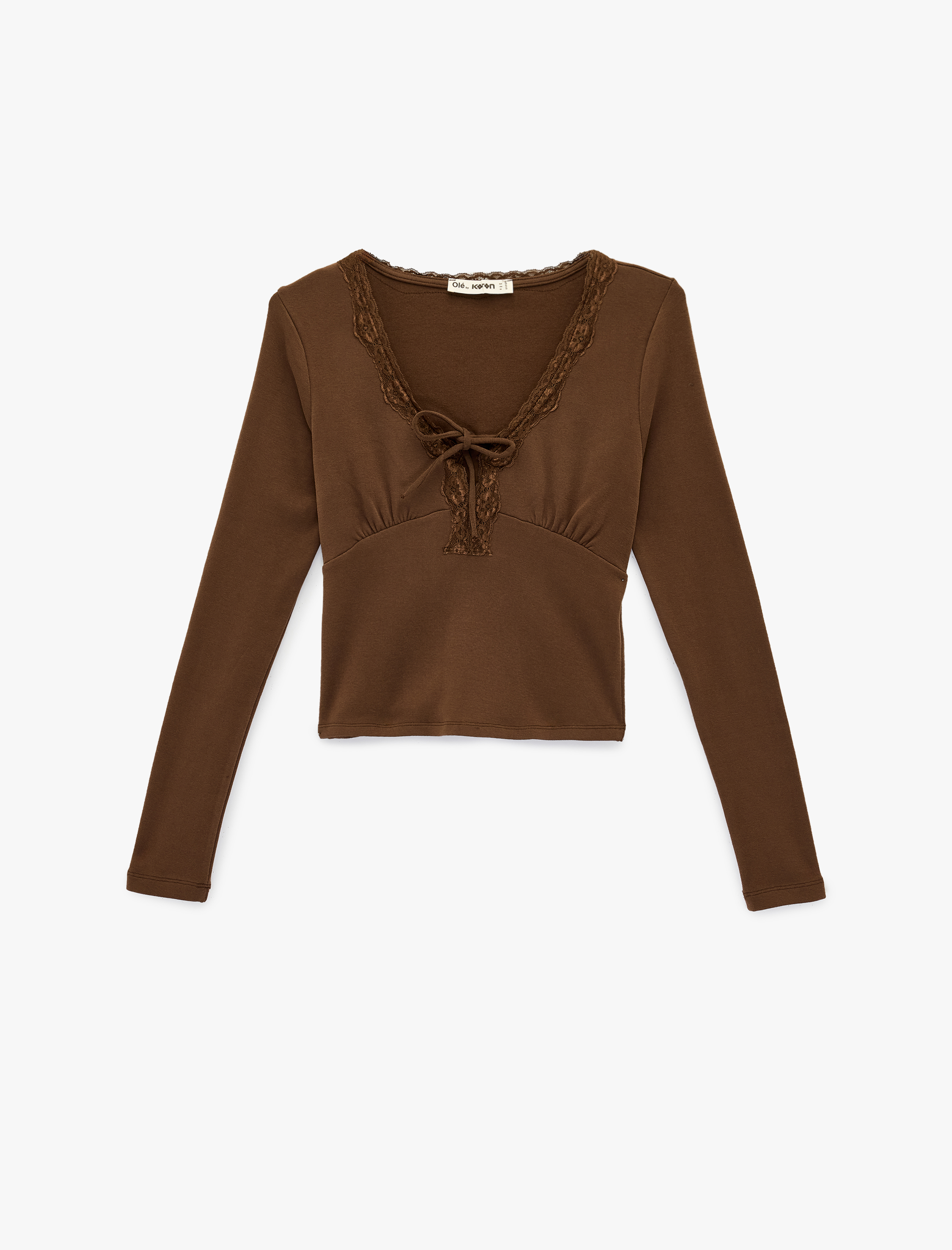   Dantel Detaylı Bağlamalı V Yaka Slim Fit Pamuklu Uzun Kollu Tişört