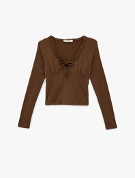 Dantel Detaylı Bağlamalı V Yaka Slim Fit Pamuklu Uzun Kollu Tişört