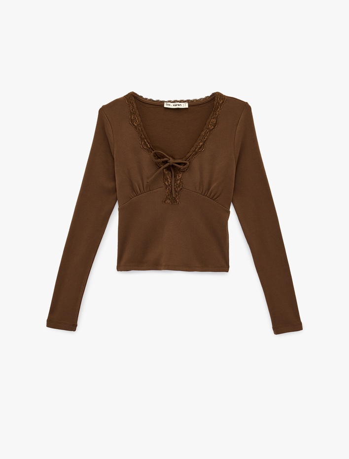  Dantel Detaylı Bağlamalı V Yaka Slim Fit Pamuklu Uzun Kollu Tişört