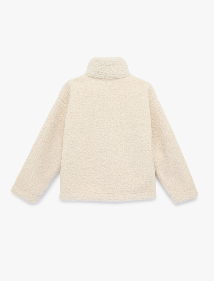  Fermuarlı Dik Yaka Uzun Kollu Peluş Ceket