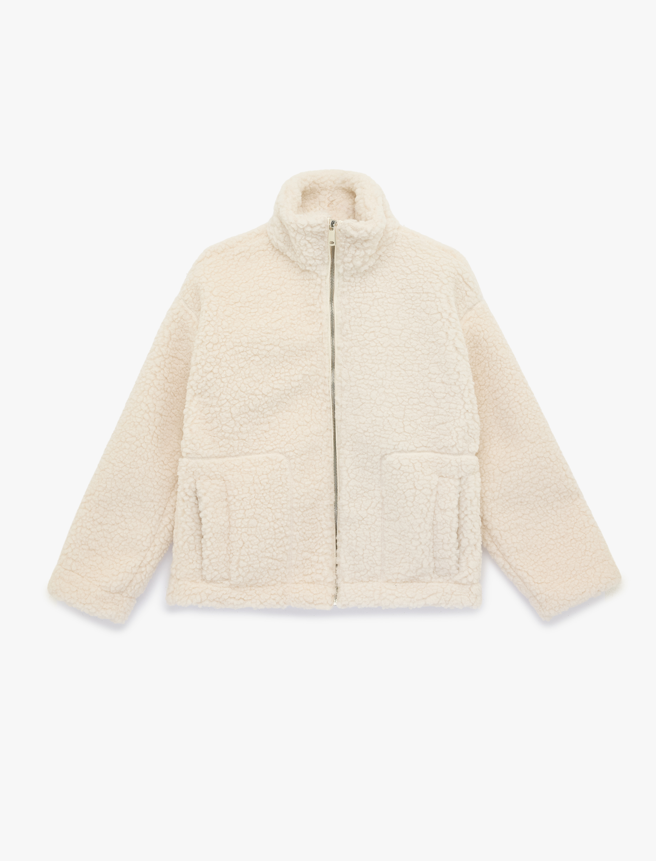   Fermuarlı Dik Yaka Uzun Kollu Peluş Ceket