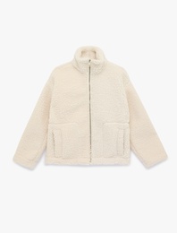 Fermuarlı Dik Yaka Uzun Kollu Peluş Ceket