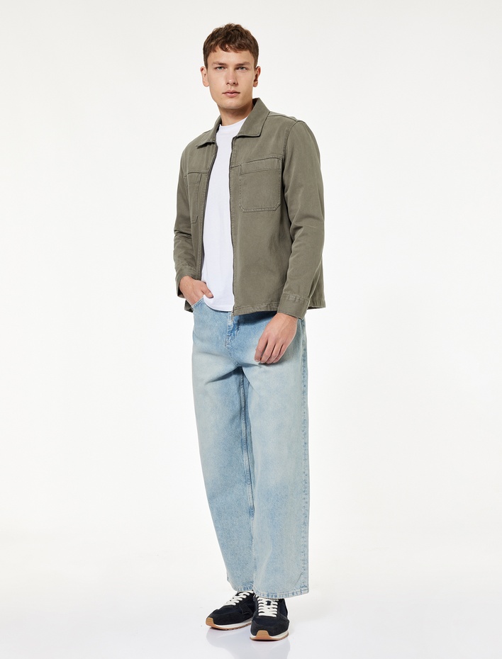  Pamuklu Uzun Kollu Cep Detaylı Klasik Yaka Jean Gömlek Ceket