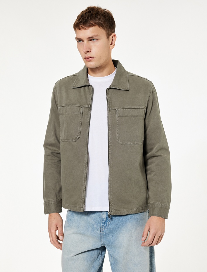  Pamuklu Uzun Kollu Cep Detaylı Klasik Yaka Jean Gömlek Ceket