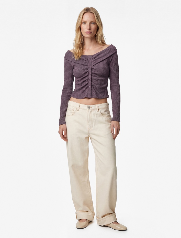  Bürümcük Kumaş Slim Fit Uzun Kollu Düğmeli Kayık Yaka Tişört