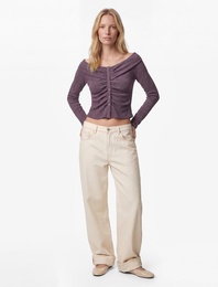 Bürümcük Kumaş Slim Fit Uzun Kollu Düğmeli Kayık Yaka Tişört