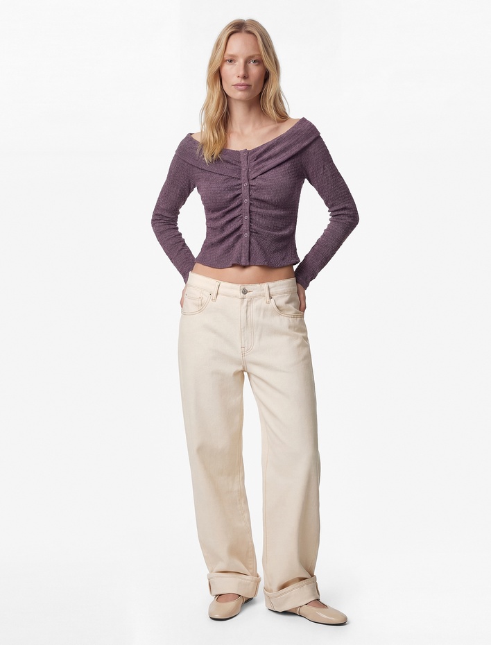  Bürümcük Kumaş Slim Fit Uzun Kollu Düğmeli Kayık Yaka Tişört