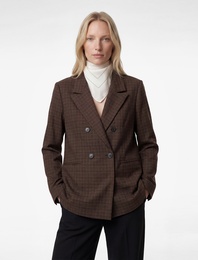 Viskon Karışımlı Düğmeli Cep Detaylı Kruvaze Yaka Ekoseli Blazer Ceket