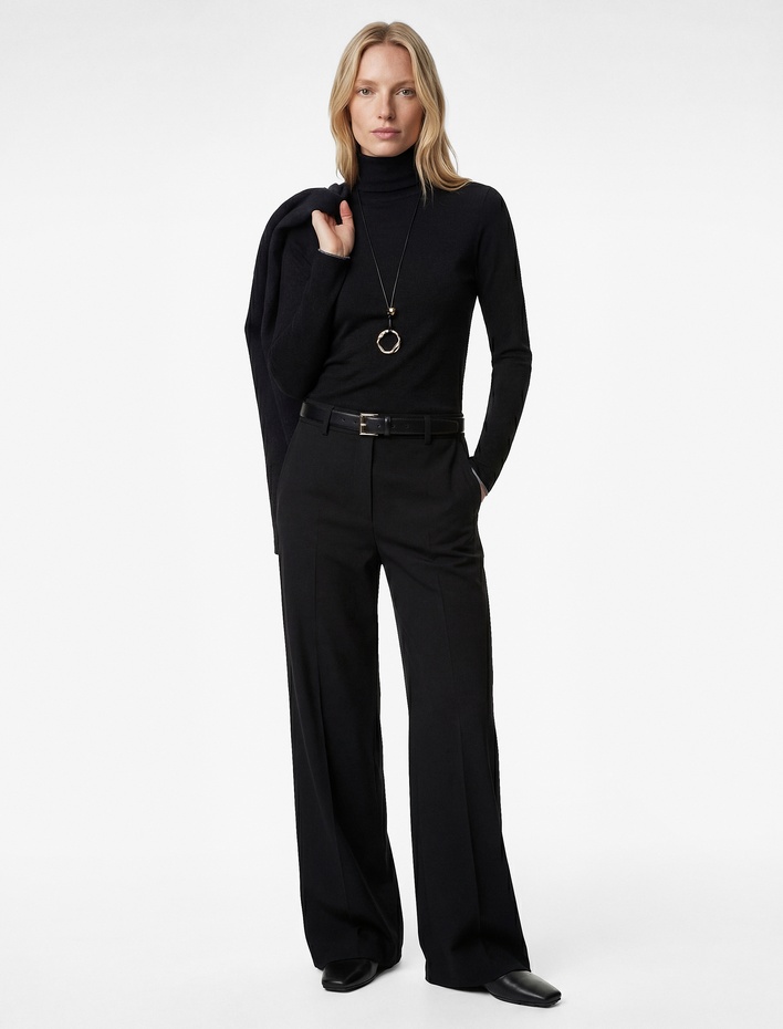  Viskon Kumaş Dik Yaka Uzun Kollu Fitilli Tişört