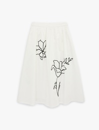 Keten Karışımlı Cepli Midi Çiçekli Kloş Etek