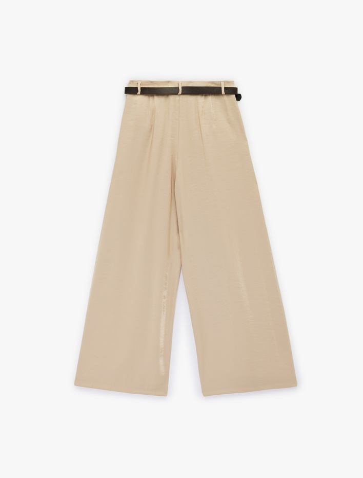  Modal Karışımlı Kemerli Cepli Yüksek Bel Geniş Paça Saten Pantolon