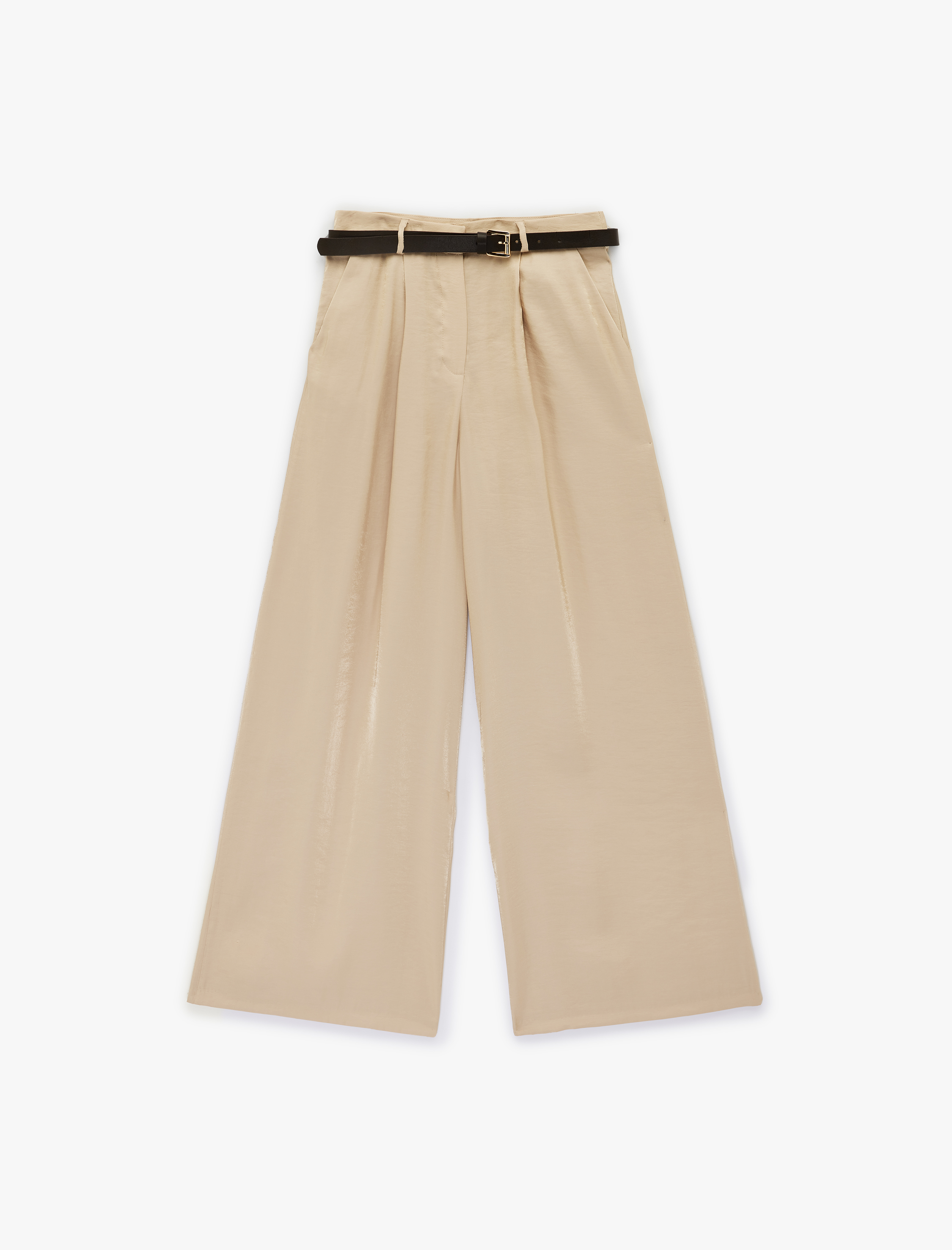   Modal Karışımlı Kemerli Cepli Yüksek Bel Geniş Paça Saten Pantolon