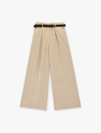 Modal Karışımlı Kemerli Cepli Yüksek Bel Geniş Paça Saten Pantolon