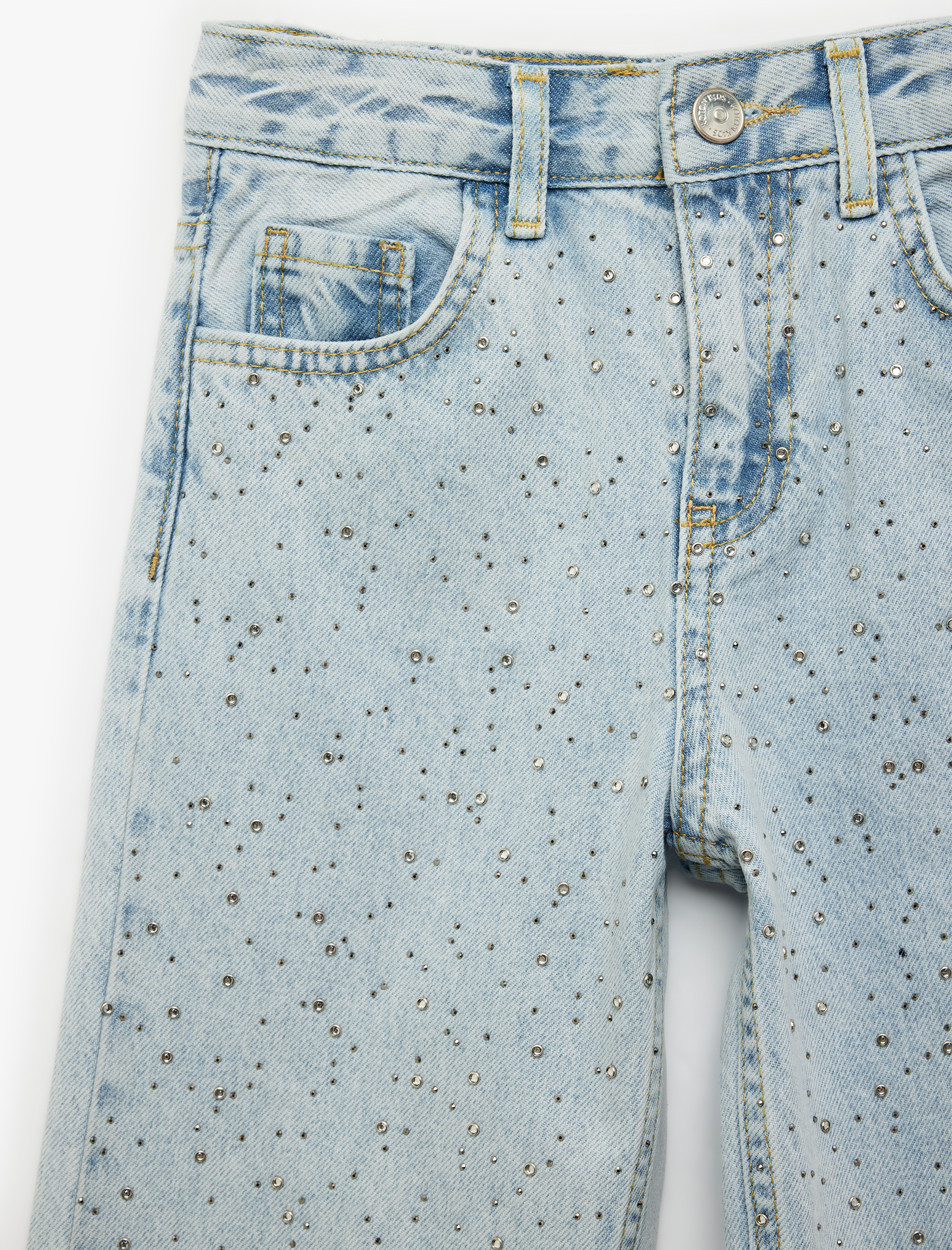  Kız Çocuk Pamuklu Zımba Detaylı Loose Fit Geniş Paça Denim Pantolon