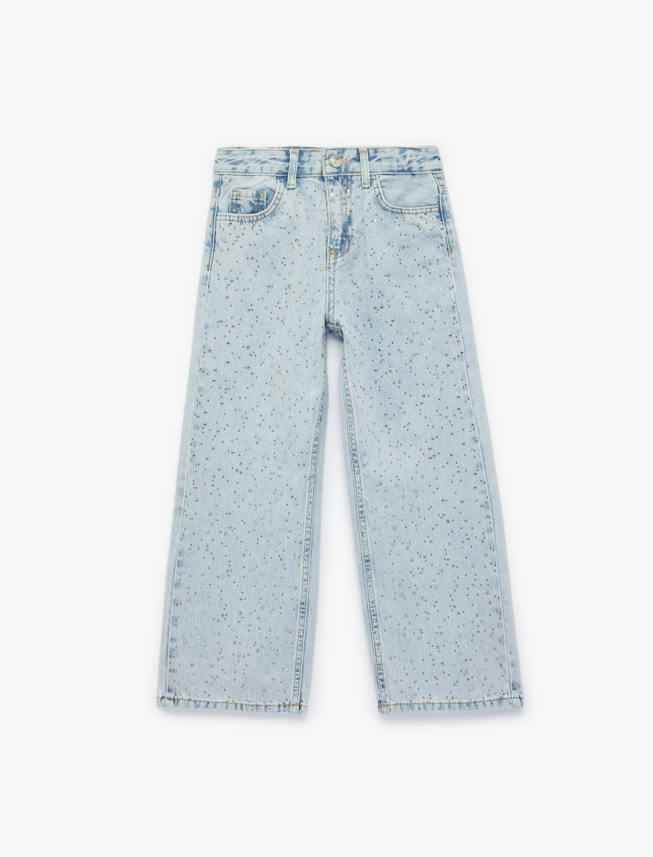  Kız Çocuk Pamuklu Zımba Detaylı Loose Fit Geniş Paça Denim Pantolon