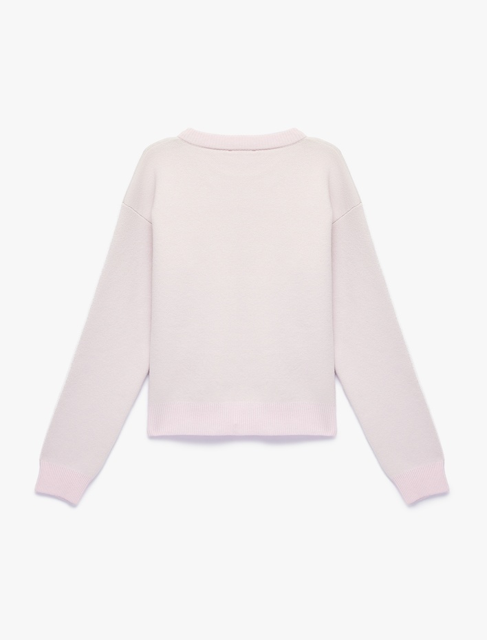 Kız Çocuk Fiyonk Detaylı Uzun Kollu Bisiklet Yaka Desenli Triko Kazak