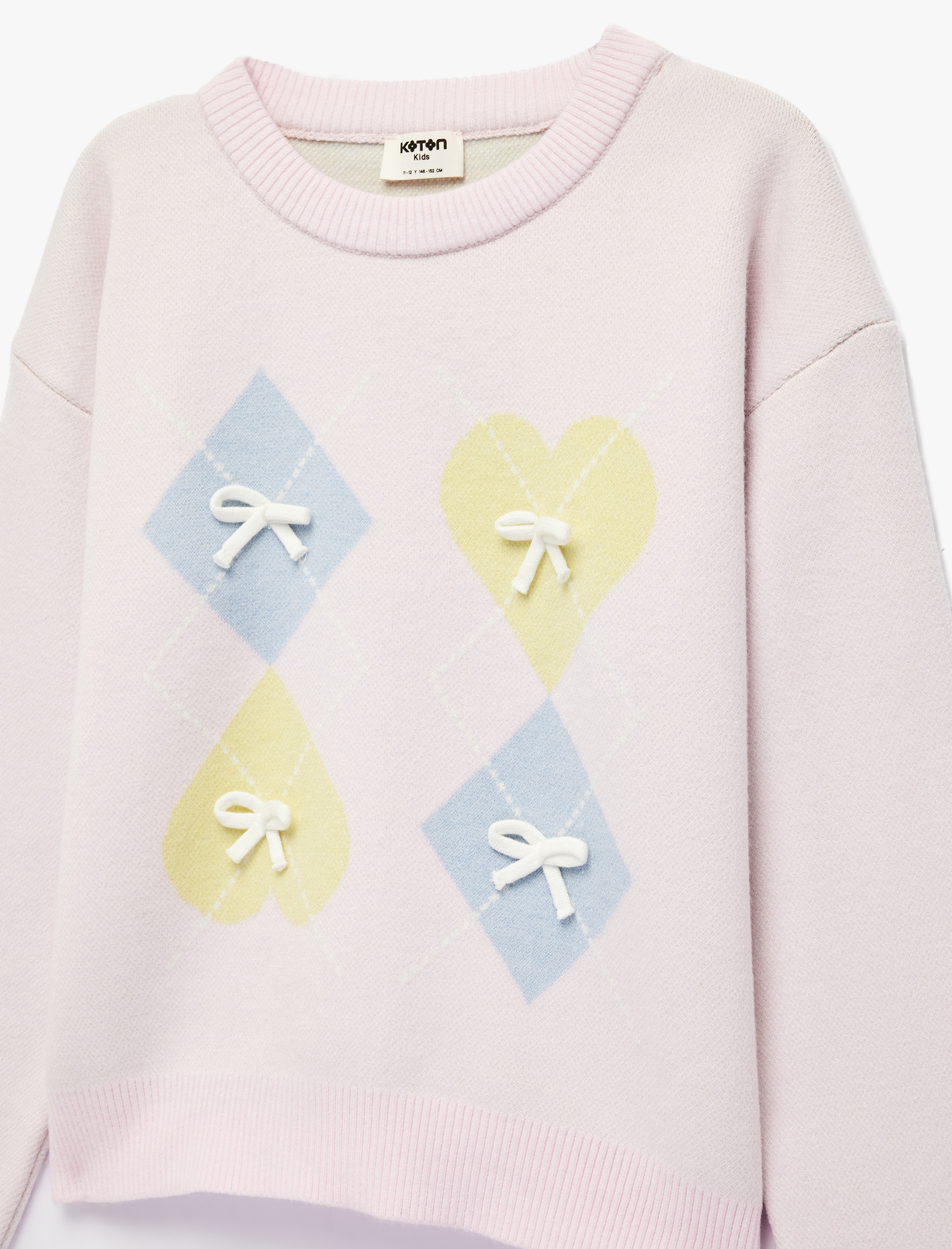  Kız Çocuk Fiyonk Detaylı Uzun Kollu Bisiklet Yaka Desenli Triko Kazak