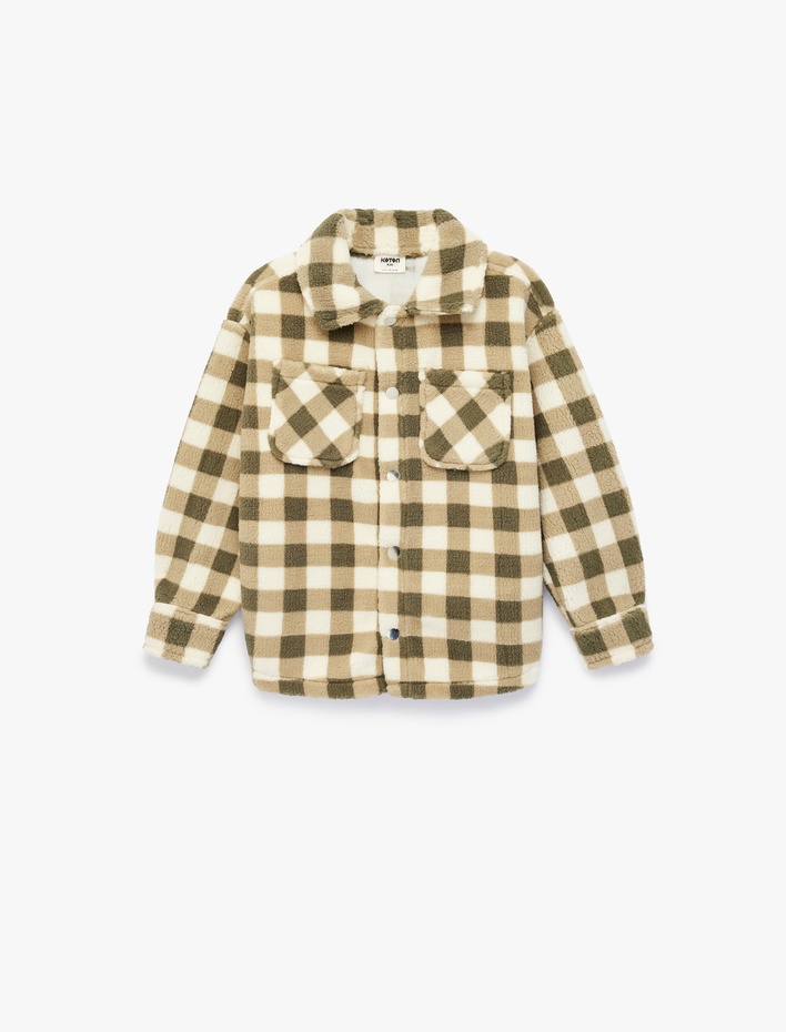 Erkek Çocuk Uzun Kollu Düğmeli Cep Detaylı Ekoseli Polar Gömlek Ceket