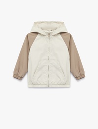 Renk Bloklu Kanguru Cep Detaylı  Fermuar Detaylı Kapşonlu Mevsimlik Ceket