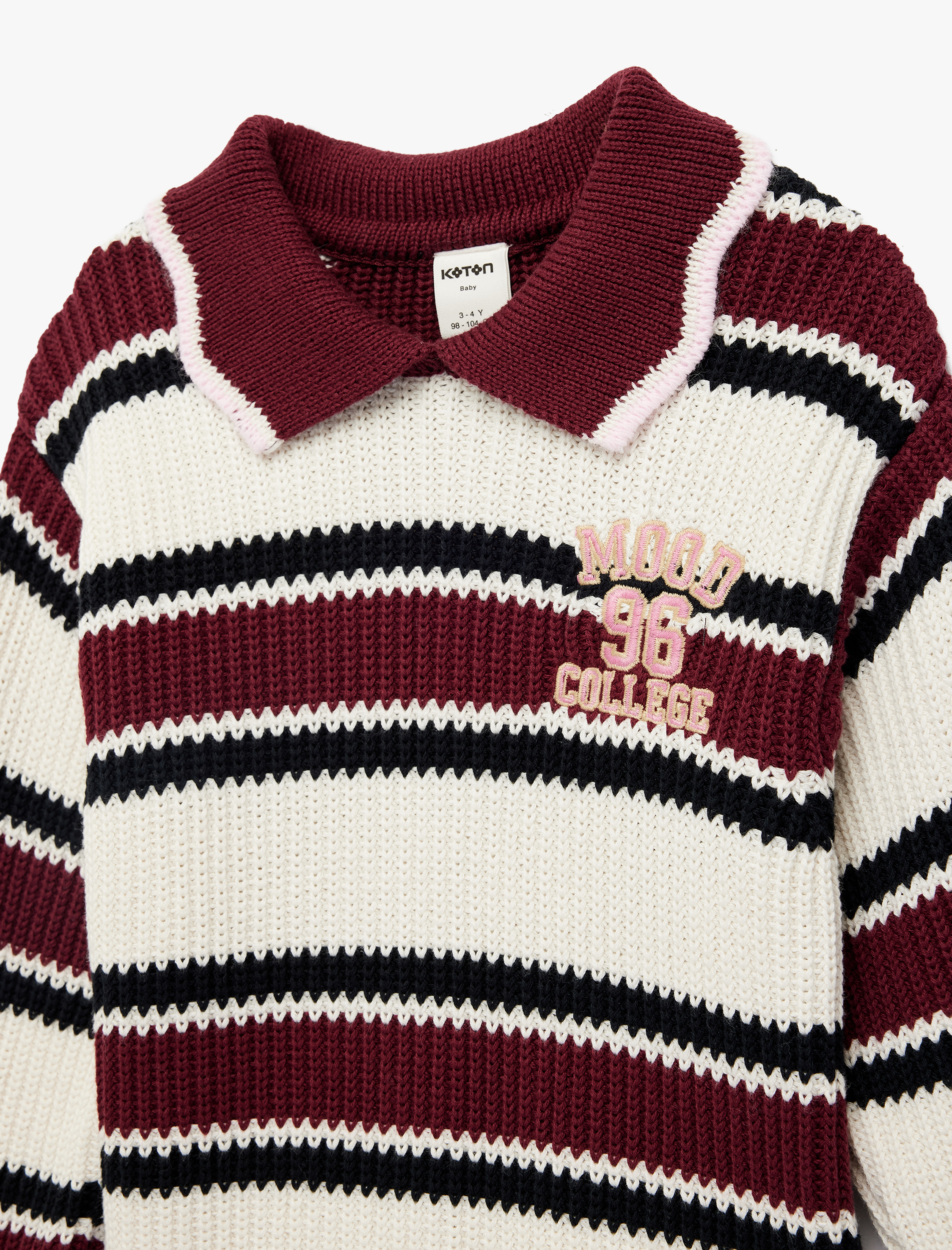  Kız Bebek Pammuklu Uzun Kollu Nakış Detaylı Çizgili Polo Yaka Triko Kazak