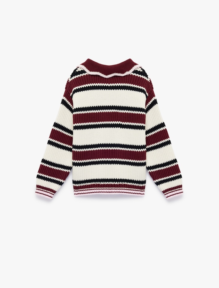 Kız Bebek Pammuklu Uzun Kollu Nakış Detaylı Çizgili Polo Yaka Triko Kazak