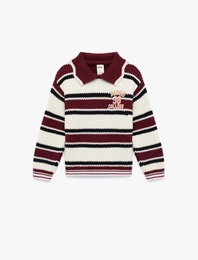 Pammuklu Uzun Kollu Nakış Detaylı Çizgili Polo Yaka Triko Kazak