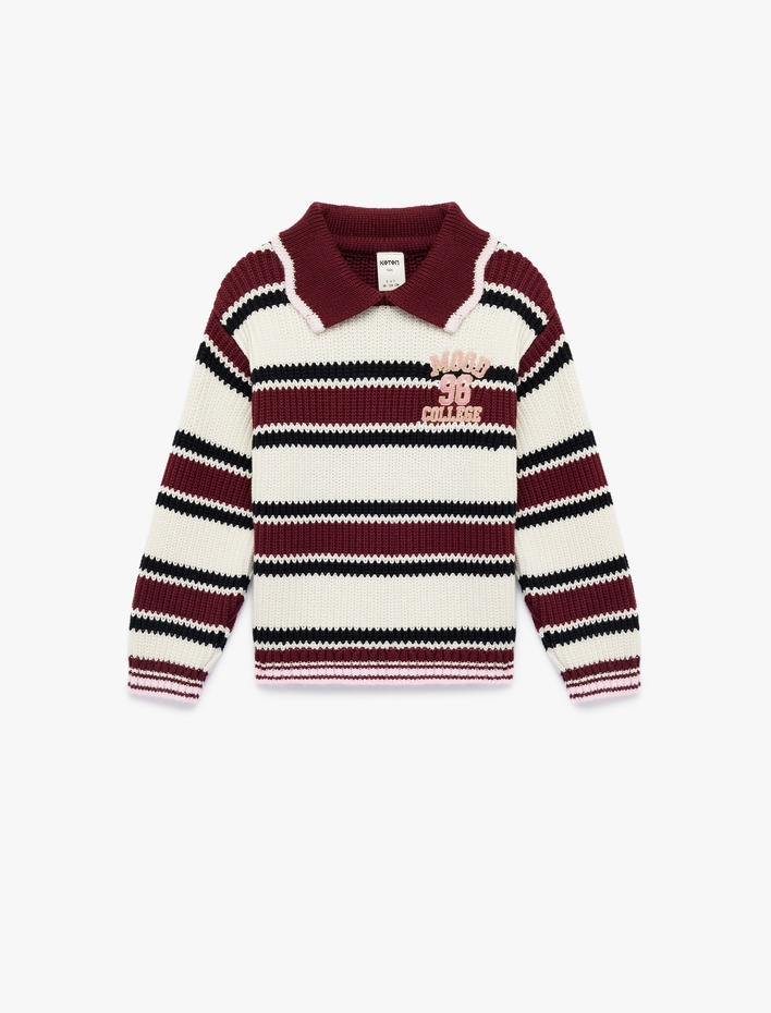 Kız Bebek Pammuklu Uzun Kollu Nakış Detaylı Çizgili Polo Yaka Triko Kazak