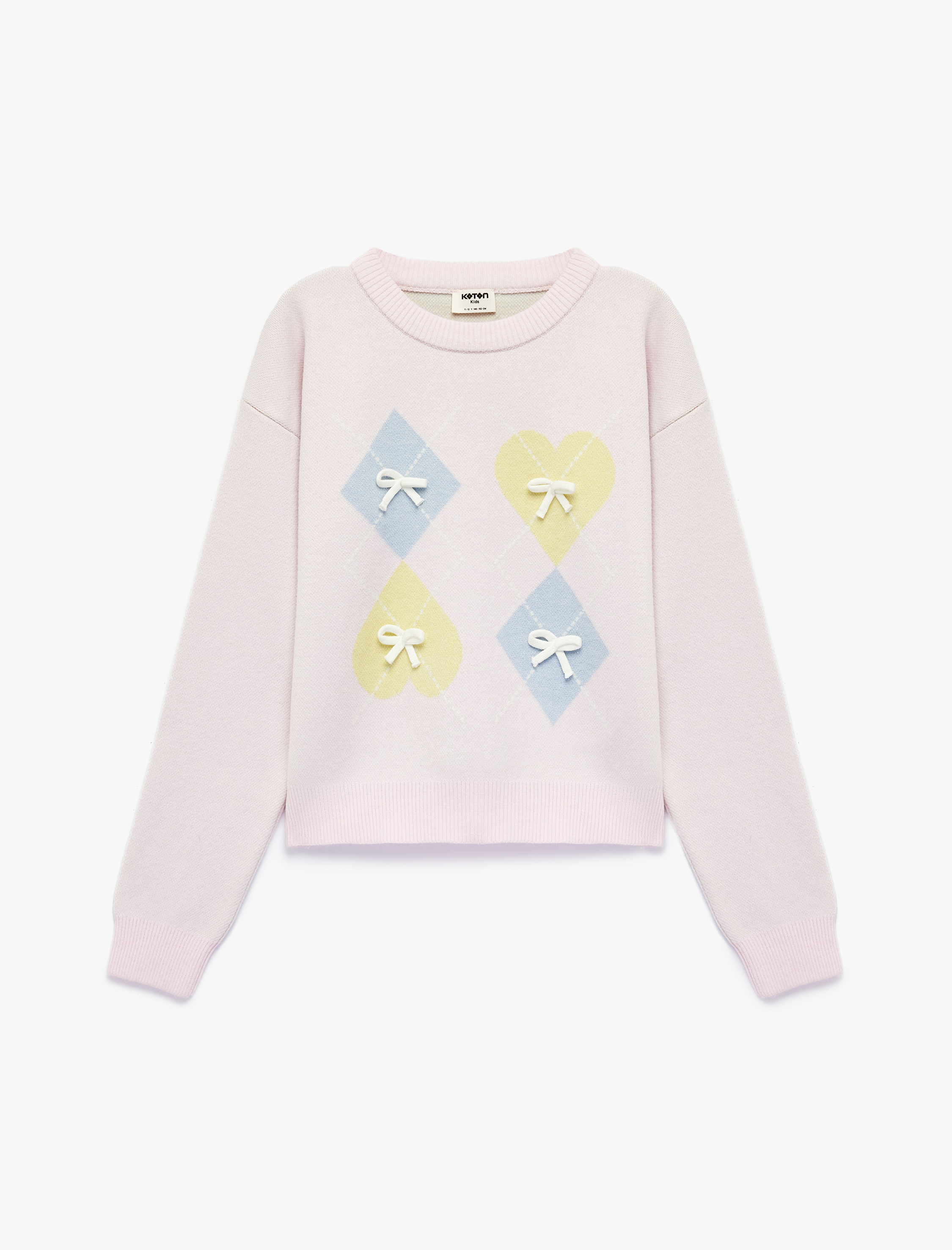  Kız Çocuk Fiyonk Detaylı Uzun Kollu Bisiklet Yaka Desenli Triko Kazak