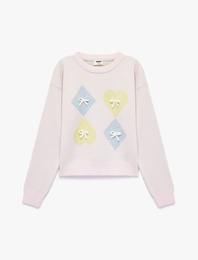 Fiyonk Detaylı Uzun Kollu Bisiklet Yaka Desenli Triko Kazak