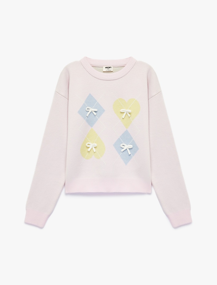 Kız Çocuk Fiyonk Detaylı Uzun Kollu Bisiklet Yaka Desenli Triko Kazak